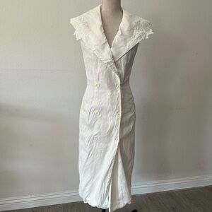 Teri Jon White Linen Double-Breasted Midi Dress with Embroidered Collar